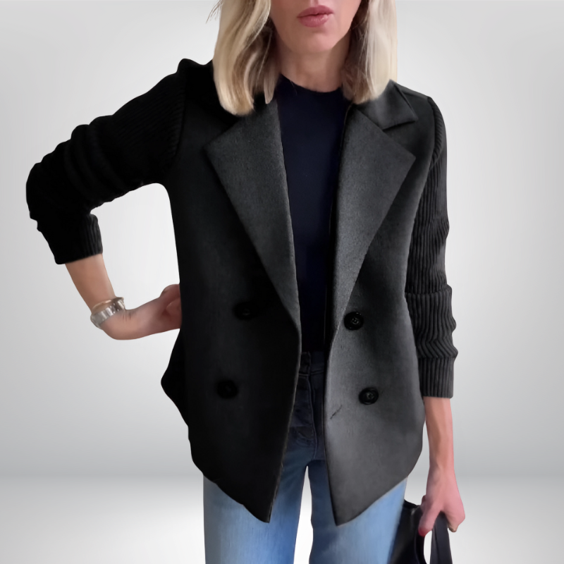 Helen™ | Dwurzędowy płaszcz z prążkowanymi rękawami
